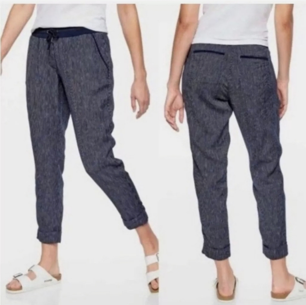 Athleta Linen Navy Pinstripe Drawstring Jogger Pants